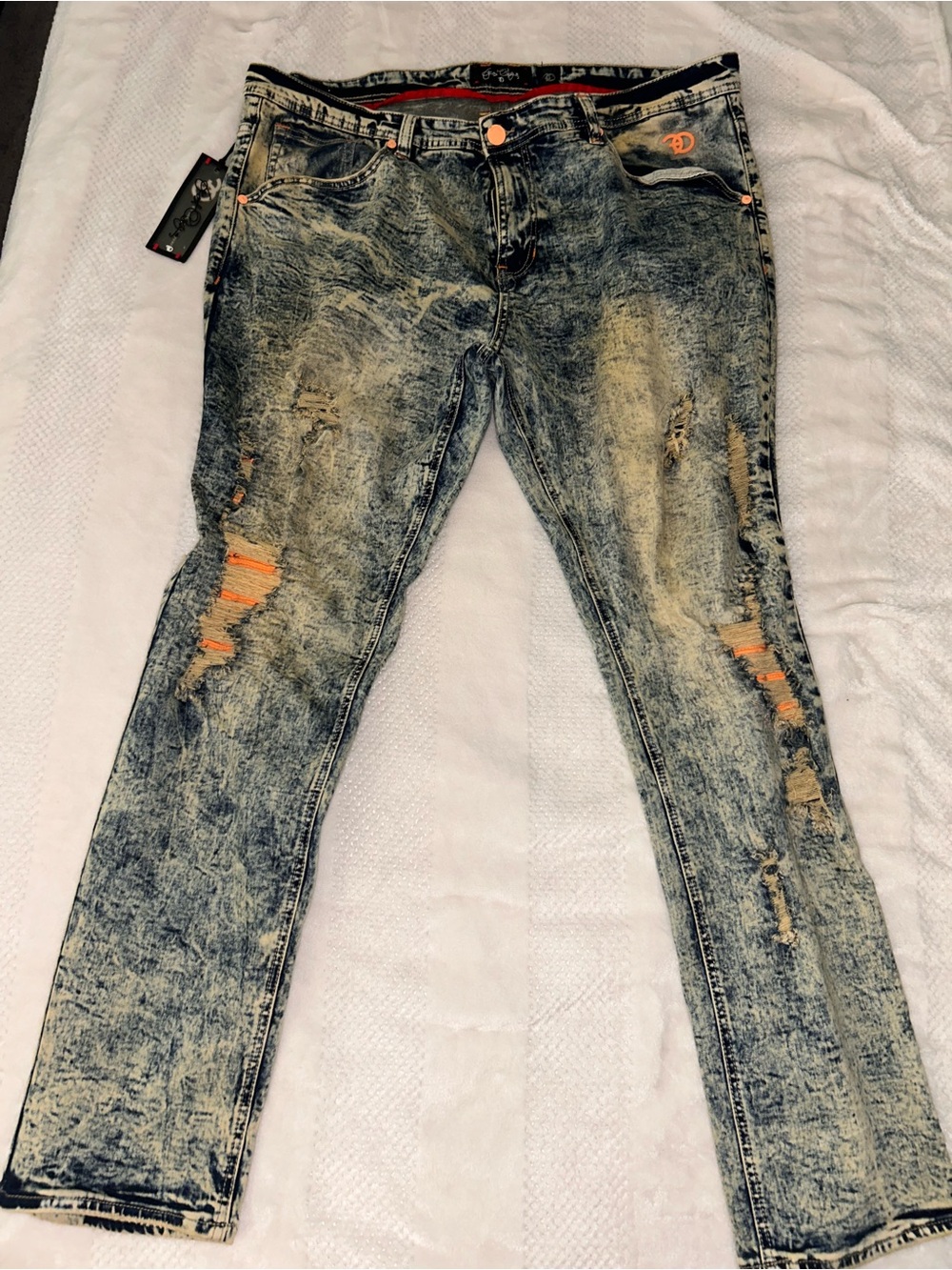 Rue21 Men's Acid-Wash Skinny Jeans with Orange Underlay